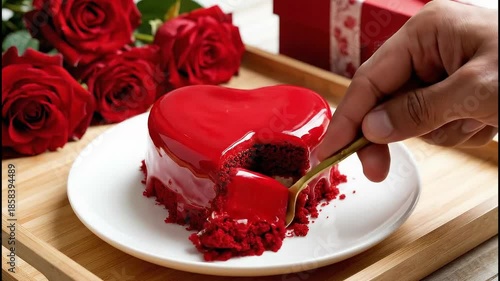 Romantic Red Velvet Cake with Heart-Shaped Chocolate valentine.