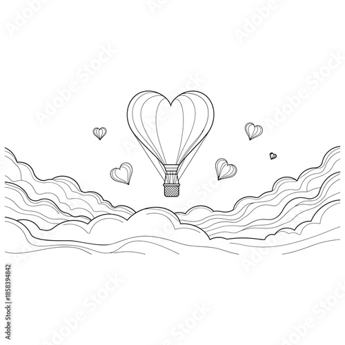 Heart shaped hot air balloon flying high in the sky with clouds and hearts