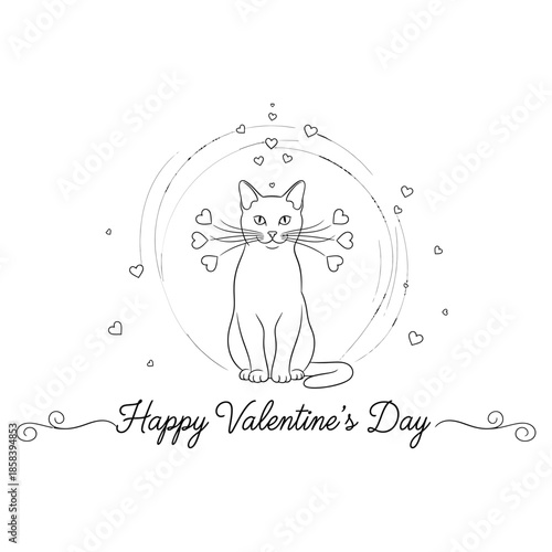 Black and white line drawing of a cute cat with hearts for valentines day isolated on