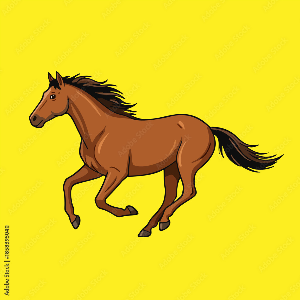 Obraz premium Dynamic illustration of a magnificent brown horse galloping freely, embodying strength and untamed spirit against a vibrant yellow background