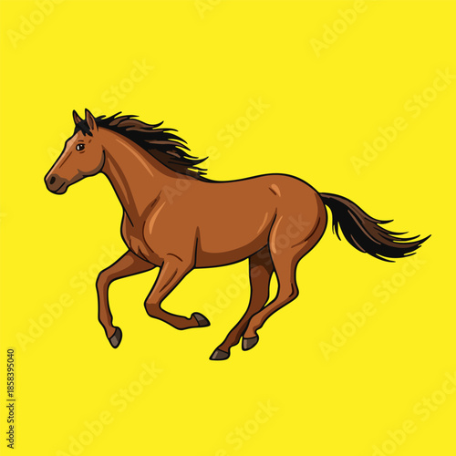 Dynamic illustration of a magnificent brown horse galloping freely, embodying strength and untamed spirit against a vibrant yellow background