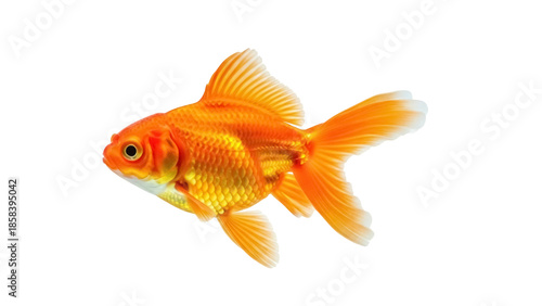 Schilderij op canvas Isolated goldfish, vibrant orange color, fancy fantail breed, swimming on its si