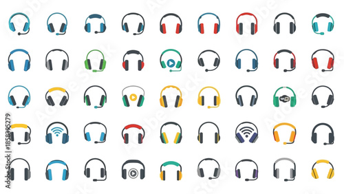 Collection of various headphones and headsets with microphones.