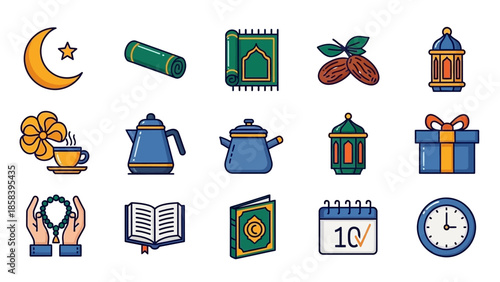 Collection of various colorful Islamic icons and symbols for religious events.