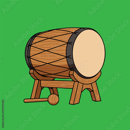 Illustration of a traditional wooden drum on a stand with a mallet