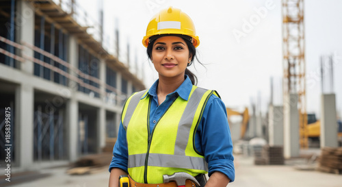 A young Indian female construction worker wearing a yellow hard hat and a tool belt stands in front of a developing building structure