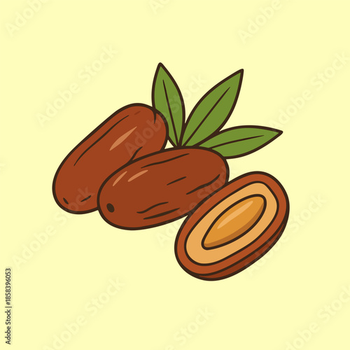 Sweet brown dates with leaves, a healthy and delicious natural snack illustration