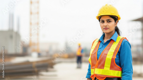 A confident young Indian female construction worker wearing a yellow hard hat and orange safety vest at a large building site with copy space