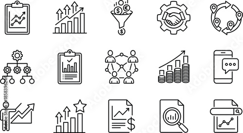 Business, finance, data analysis, line icons, vector set, growth, teamwork, report, audit, mobile, funnel, investment, communication, workflow, strategy, automation, performance