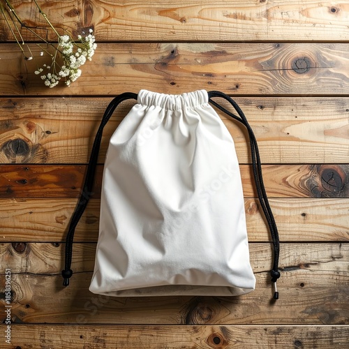 Empty white drawstring bag on wood