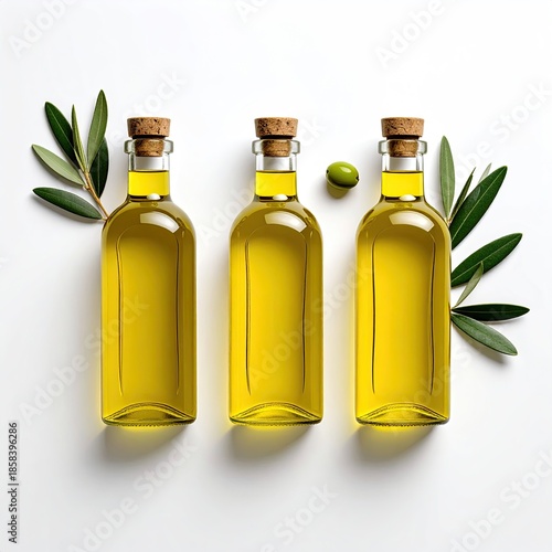 Three bottles of golden olive oil, corked, arranged in a vertical row on a white background.  Fresh olive leaves and a single olive rest near each bottle
