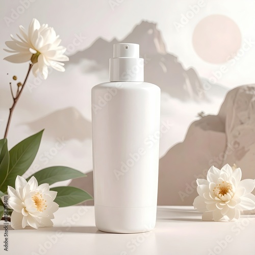 White cosmetic bottle, surrounded by flowers and nature-inspired backdrop