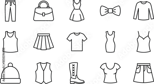 Clothing icons, fashion vector set, apparel, accessories, pants, dress, shirt, blouse, skirt, handbag, boot, hat, camisole, vest, tank top, bow tie, t-shirt, silhouette, wardrobe, outfit, style