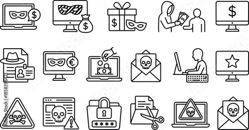 Cybercrime icons, online fraud, digital threats, vector set, phishing, hacking, identity theft, malware, scam, security, warning, lock, skull, envelope, computer, masked face, money bag