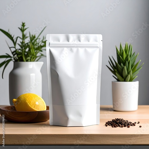 White stand-up pouch, featuring a smooth, glossy surface, on a light wooden surface.  Surrounded by plants, a lemon, and ceramic vessels.  A neutral backdrop completes the scene