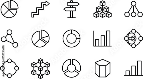 Data visualization icons, analytics vector set, pie chart, bar graph, donut chart, cube, network, hierarchy, flow, structure, diagram, concept, business, technology, infographic, upward arrow