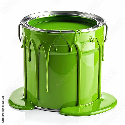 Green paint can, drips of liquid paint