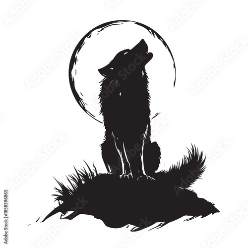 A black silhouette vector illustration of a wild predator wolf howling at the moon isolated on a white background