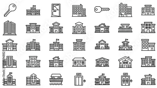 Collection of various outline building icons and architectural structures.