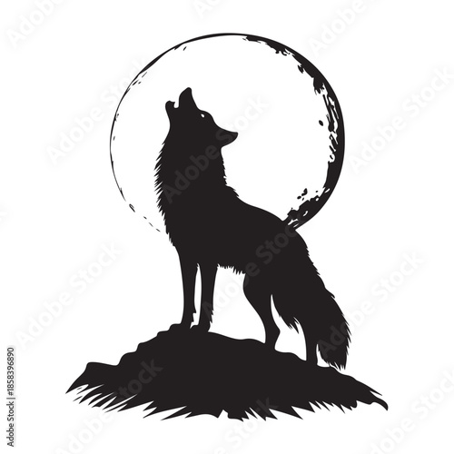 A black silhouette vector illustration of a wild predator wolf howling at the moon isolated on a white background