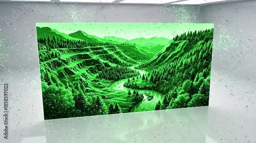 Nature Landscape Art, Green Hills and River, Digital Illustration, Indoor