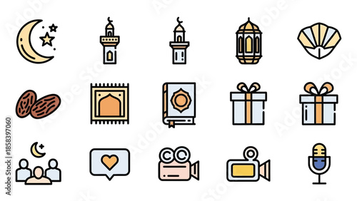 Collection of various religious and cultural icons in a flat design style.