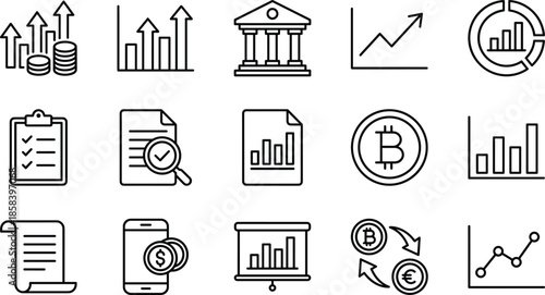 Finance icons, data analysis, economics vector set, banking, cryptocurrency, audit, chart, bitcoin, mobile payment, growth, document, bar graph, pie chart, checklist, magnifying glass, smartphone