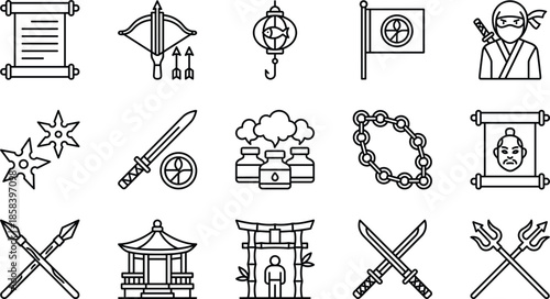 Ninja icons, Japanese culture vector set, sword, shuriken, scroll, lantern, gate, building, potion, weapon, emblem, flag, spear, trident, chain, bow, flame, warrior, tradition, martial arts, stealth