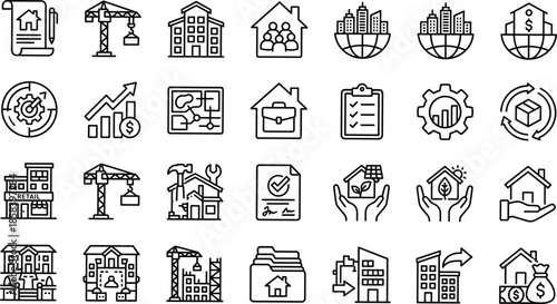 Real estate, construction, property icons, vector set, urban planning, investment, architecture, blueprint, housing, development, management, solar, eco-friendly, financial growth, document