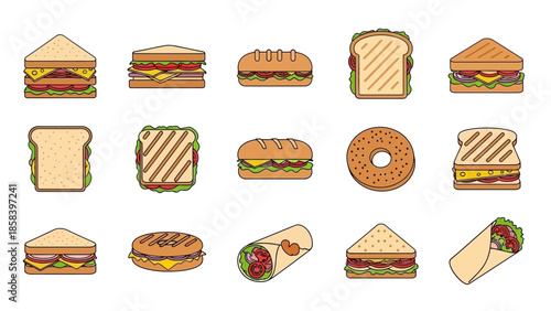 Collection of various sandwiches and wraps illustrated in a flat design style.