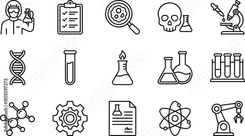 Science icons, laboratory vector set, research, experiment, DNA, molecule, microscope, flask, test tube, atom, gear, report, checklist, cell, dropper, robotic arm, toxic, magnifying glass
