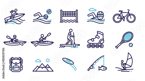 Collection of various sports and outdoor activity icons for active lifestyle.