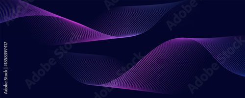 Dark abstract background with glowing wave. Shiny moving lines design element. Modern purple blue gradient flowing wave lines. Futuristic technology concept. Vector illustration