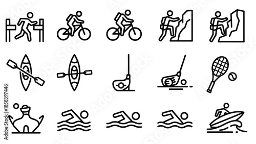 Collection of various sports and outdoor activity line icons.