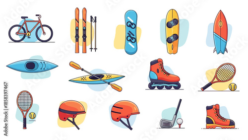 Collection of various sports equipment and accessories for outdoor activities.