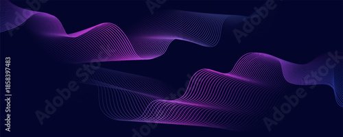 Dark abstract background with glowing wave. Shiny moving lines design element. Modern purple blue gradient flowing wave lines. Futuristic technology concept. Vector illustration