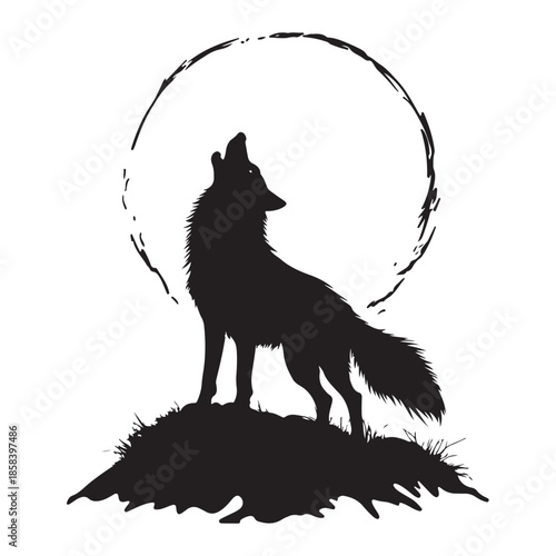 A black silhouette vector illustration of a wild predator wolf howling at the moon isolated on a white background