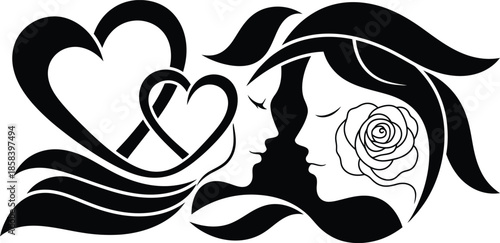 Profile silhouette of two beautiful women with roses and hearts for romantic and feminine beauty graphic designs.