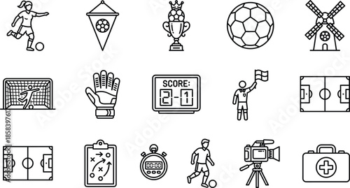 Soccer icons, football vector set, player, goal, trophy, field, scoreboard, referee, glove, strategy, camera, medical, stopwatch, pennant, crown, clipboard, dribble, save, equipment, sport, match, kit