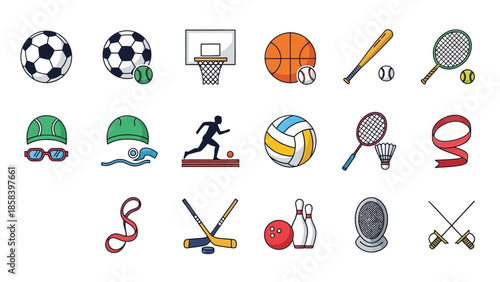 Collection of Various Sports Equipment and Icons.