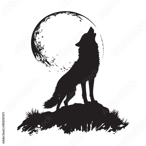 A black silhouette vector illustration of a wild predator wolf howling at the moon isolated on a white background