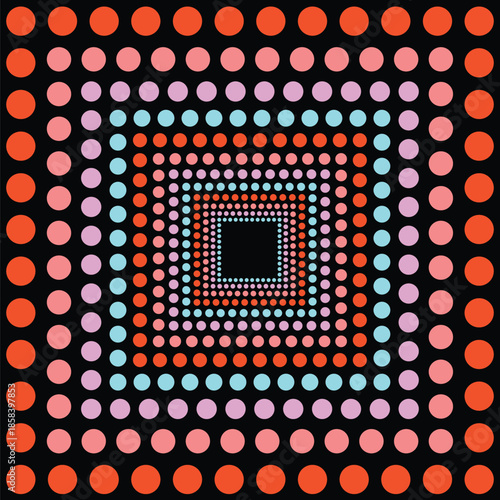 Visual effect created by squares of neon orange, peach, lavender and pale blue circles on a black background, getting progressively smaller