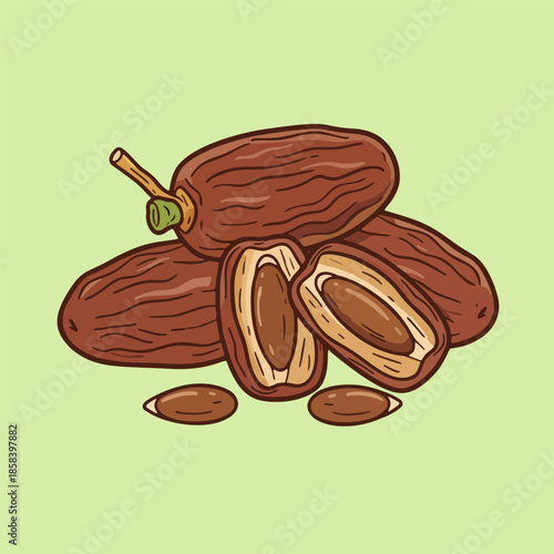 Illustrated sweet dates, whole and halved, displaying healthy seeds; a natural delicious fruit concept