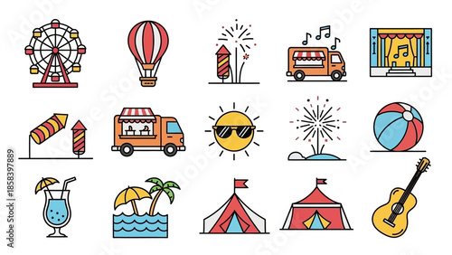 Collection of various summer festival and fair icons.