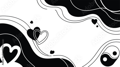 Abstract fluid background with hearts wavy lines and a yin yang symbol for harmony and love concept design.