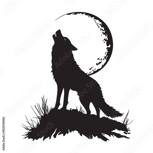 A black silhouette vector illustration of a wild predator wolf howling at the moon isolated on a white background