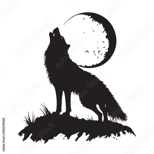 A black silhouette vector illustration of a wild predator wolf howling at the moon isolated on a white background