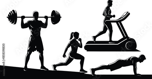 Silhouettes of people working out in a gym including treadmill running weightlifting lunges and pushups on white background.