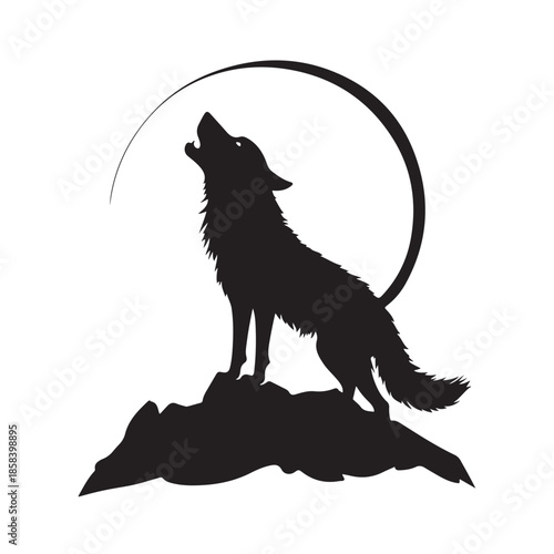 A black silhouette vector illustration of a wild predator wolf howling at the moon isolated on a white background