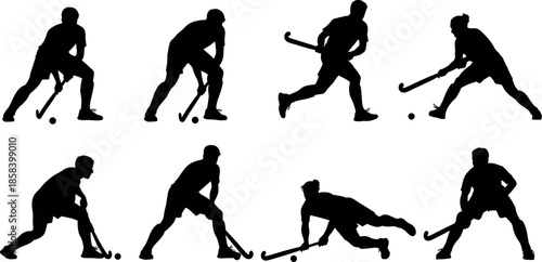 Professional Field Hockey Player Silhouettes Set Featuring Athletes Dribbling Passing and Shooting Action Poses for Sports Graphic Design Elements